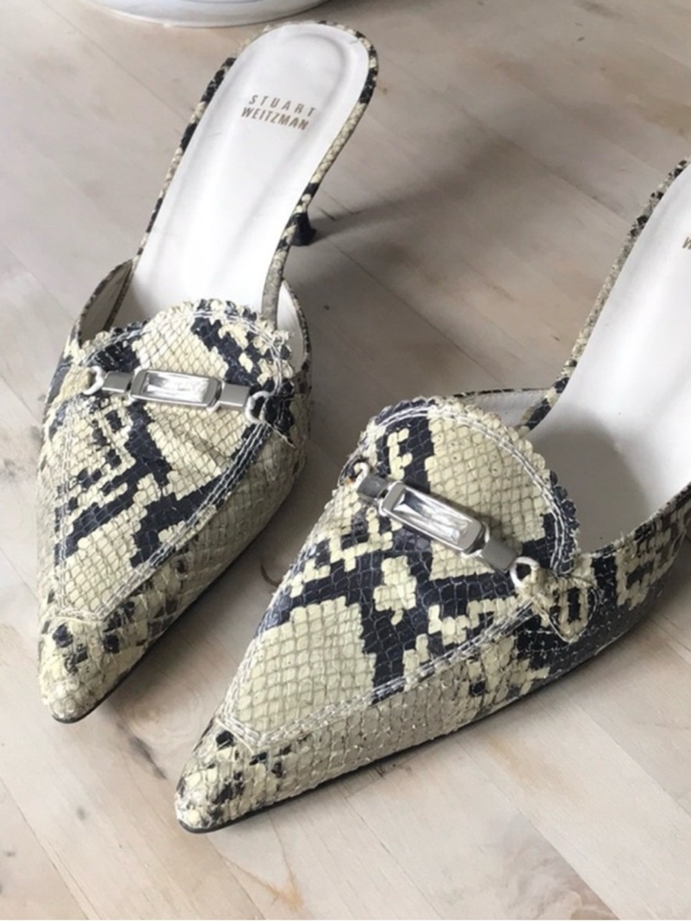 Stuart Weitzman Black & Cream Snakeskin Mule Ktten Heels